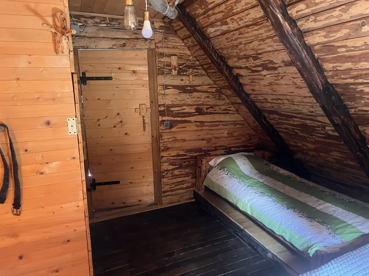 Attic room with pine beams and a single bed