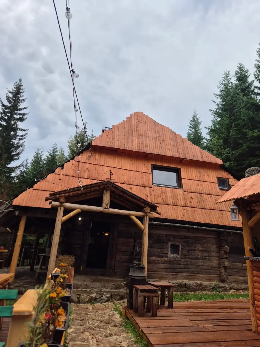 The Vukov Konak log lodge with its red shingle roof among the pines