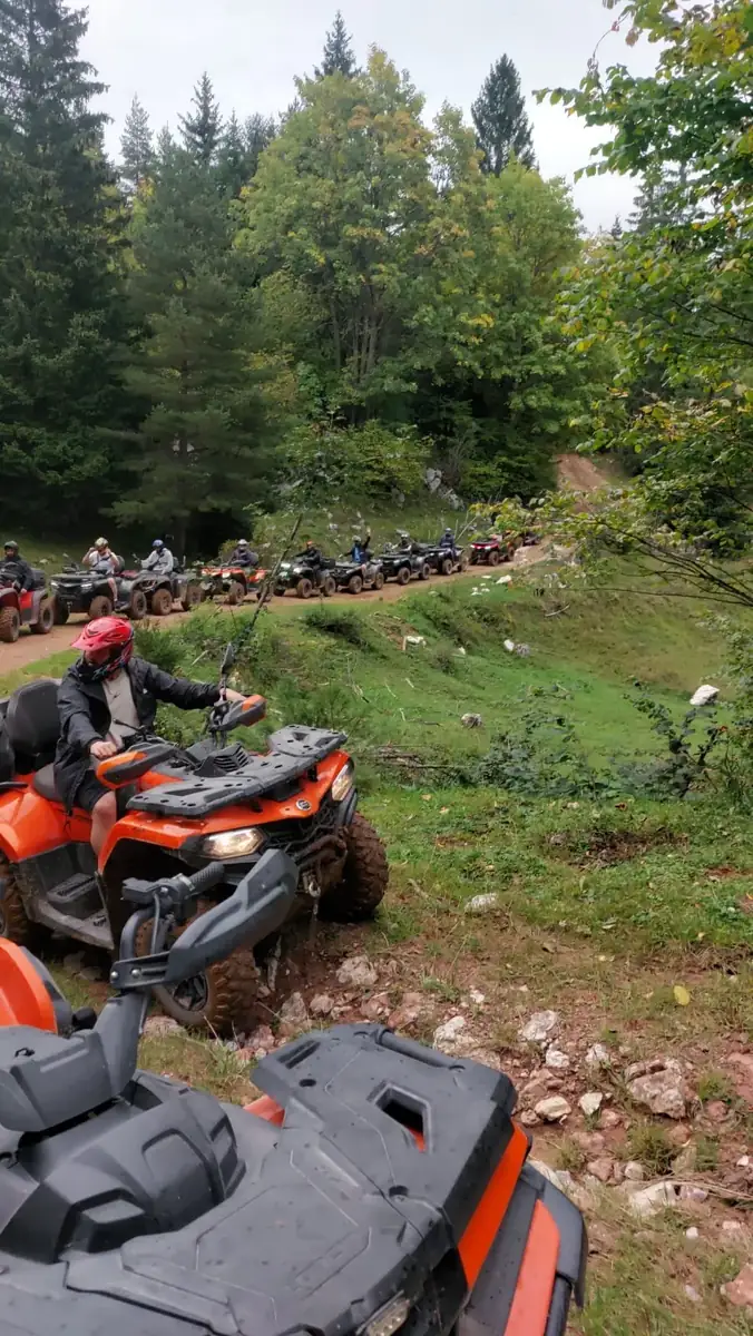 A line of quad bikes riding a dirt track through the forest