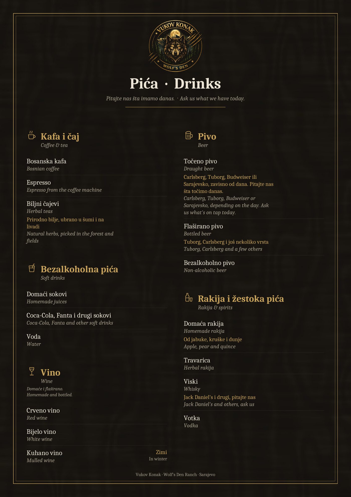 Vukov Konak drinks menu: coffee and tea, soft drinks, wine, beer, rakija and spirits