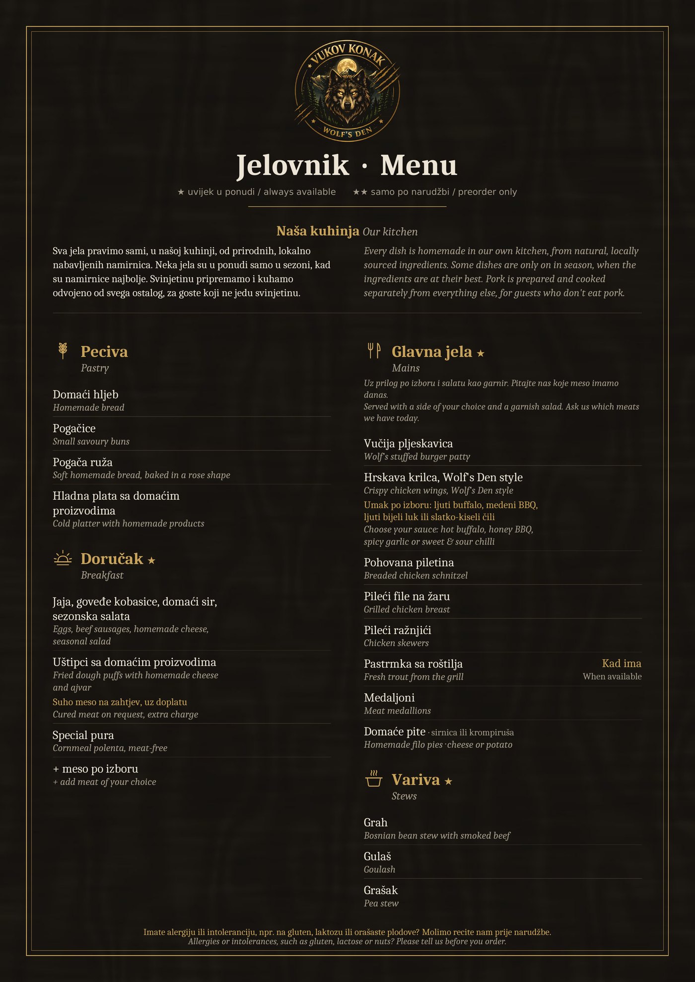Vukov Konak menu, page 1: our kitchen, pastry, breakfast, mains and stews