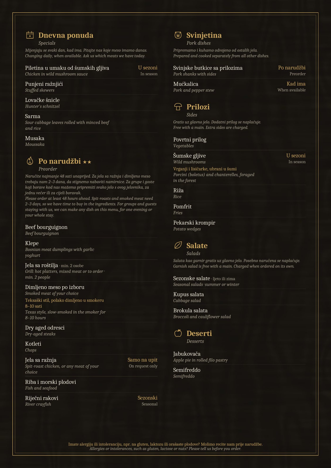 Vukov Konak menu, page 2: specials, preorder, pork dishes, sides, salads and desserts